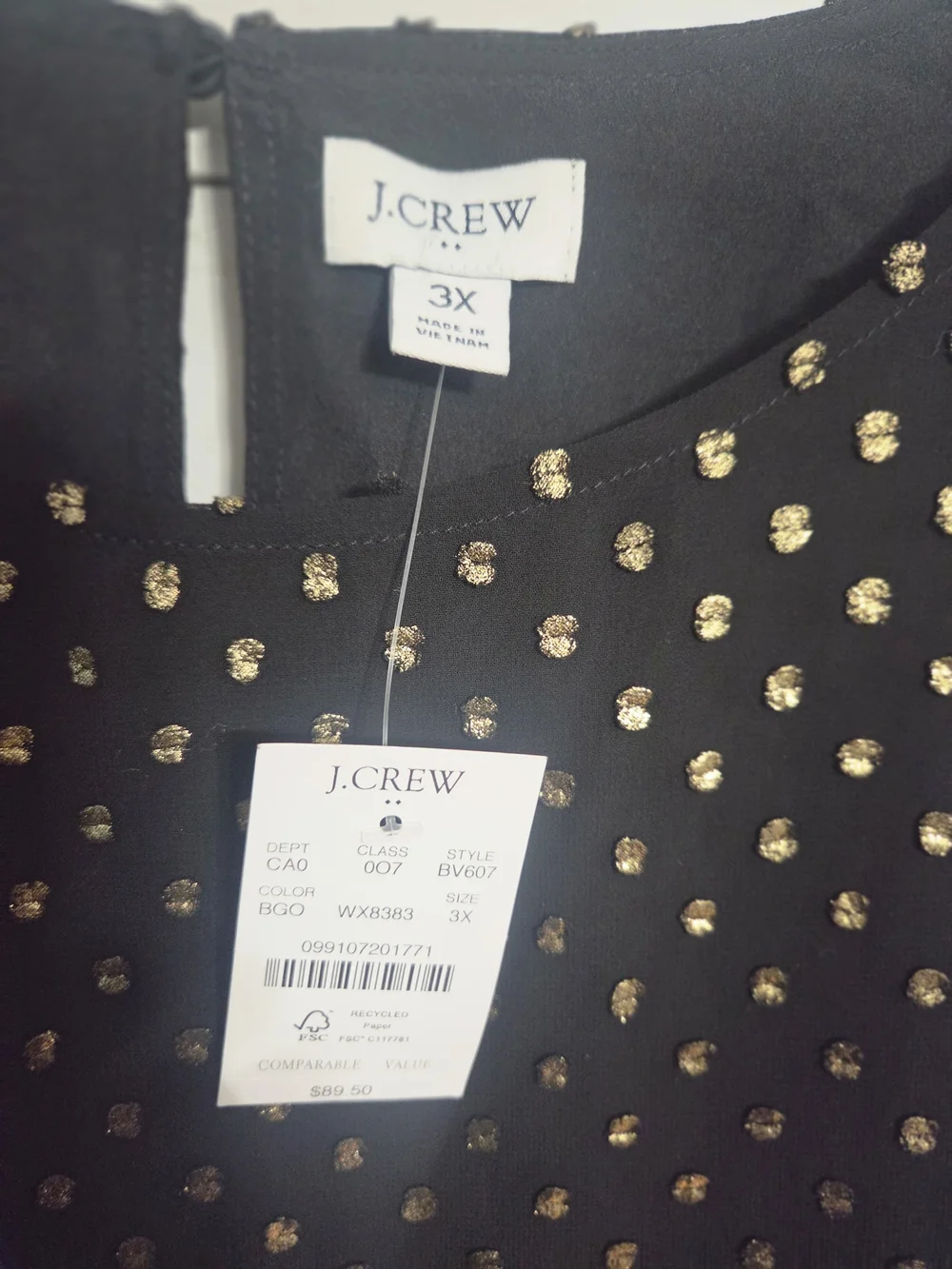 J. Crew Black Blouse with Gold Shimmer Clip-Dots Size 3x Sheer With Lining